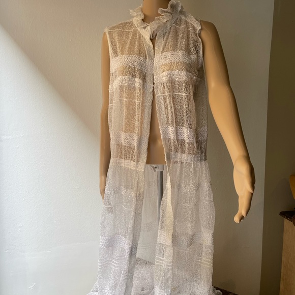 White lace sequined detail ruffled neck  cover up overall long dress OS - Picture 12 of 15